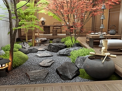 日式禅意石头 汀步 枯山水 水钵水景 植物景观 茶桌椅