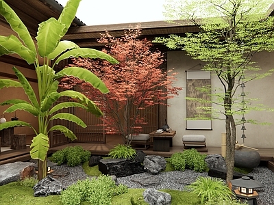 日式新中式庭院 室内景观 中庭天井庭院景观 红枫 景观石头 茶桌椅
