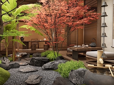 日式新中式室内景观 景观石头 枯山水景观 天井植物 汀步 水钵