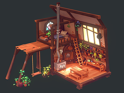 现代艺术风格建筑 植物学家之家 卡通房子 卡通木屋 室内场景 卡通阁楼