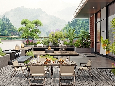 现代屋顶花园 花草植物 灌木 庭院小水景 户外桌椅 柠檬树