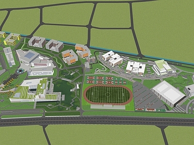 现代校园景观 成都艺术职业大学 建筑景观整体全模 操场 学校入口广场 图书馆