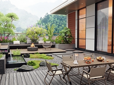 现代庭院 屋顶花园 花草 灌木 户外桌椅 水景