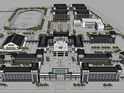 中式学校建筑 教学楼学校 学校操场