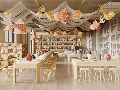 现代教室 陶艺教室 陶艺工坊 陶艺桌椅 陶罐 手工坊