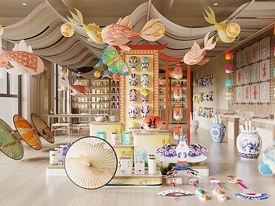 新中式民俗展厅 文创展厅 非遗展厅 新中式饰品挂件 剪纸 脸谱