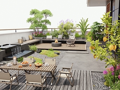 现代屋顶花园 庭院花园 庭院水景 花草 灌木 户外桌椅