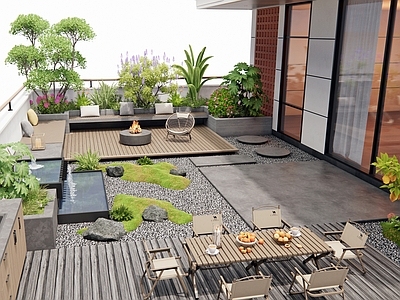 现代屋顶花园 别墅庭院景观 露台景观 庭院水景 花草 植物组合