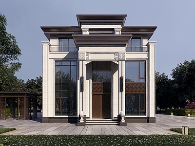 现代新中式别墅外观 独栋别墅 现代别墅 新中式别墅