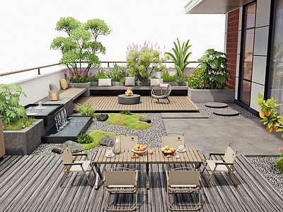 现代屋顶花园 花草 花池植物 灌木 户外桌椅 庭院小水景