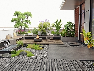现代屋顶花园 别墅庭院花园 庭院水景 花草 灌木 植物景观