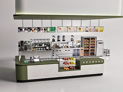 现代奶油奶茶店 奶茶咖啡店设备 奶茶操作台吧台 奶茶前台广告牌 中岛奶茶店铺 奶茶咖啡操作设备