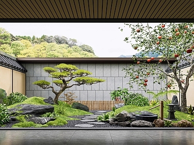 现代庭院 庭院景观 景观造景 松树 石榴树 庭院小品