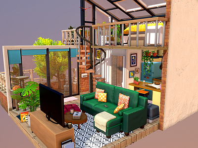 现代别墅外观 舒适单间公寓 卡通建筑 卡通别墅 花园洋房 厨房客厅阳台内部