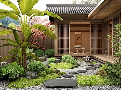 日式禅意乡村庭院 植物景观 芭蕉 红枫 灌木 汀步