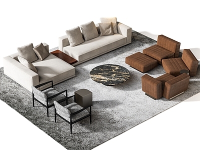 中古复古多人沙发 Minotti 沙发茶几组合 地平线沙发 圆形大理石茶几 沙发椅