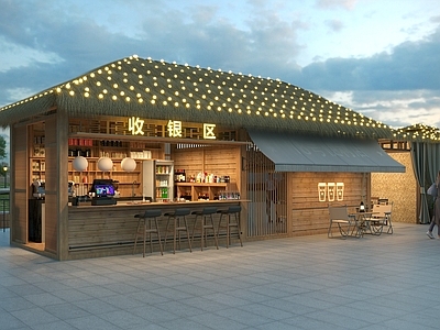 现代新中式木屋 木屋 咖啡馆 收银区 茅草屋