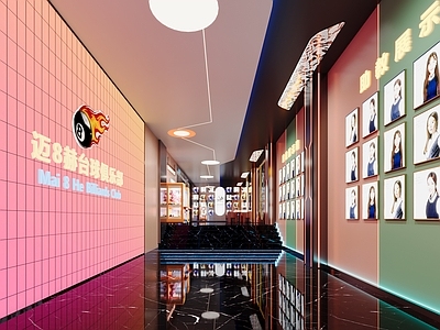 现代台球室 台球厅入口 台球厅助教墙 台球厅休闲桌椅 台球俱乐部