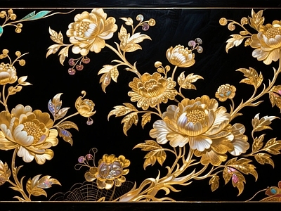 新中式其它墙面 新中式花纹壁纸 植物壁纸山水壁纸 新中式壁纸壁画 新中式黑底金边花