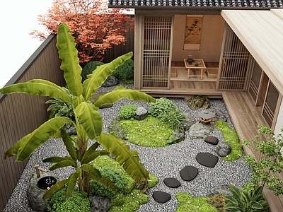 新中式庭院 居家院子景观 景观石头 汀步 芭蕉 红枫