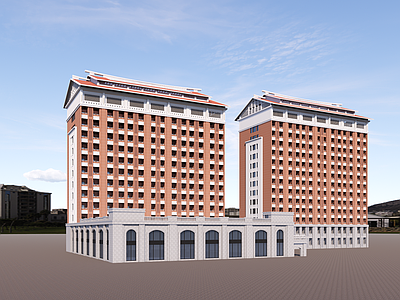 新中式复古学校建筑 学校宿舍 食堂