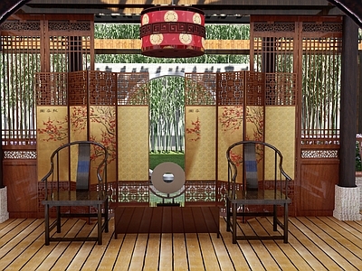 中式新中式古建筑 仿古建筑 中式屏风 中式仿古展厅 中式室内装饰