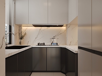 现代极简封闭式厨房 u型厨房 中厨 橱柜 冰箱厨房 现代简约厨房