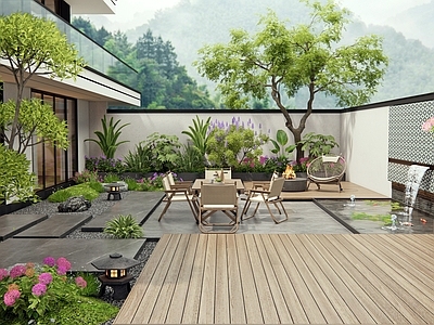 现代庭院 别墅庭院 花草 植物景观 灌木 庭院小水景