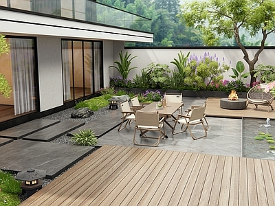 现代庭院 别墅庭院 户外桌椅 花草 灌木 植物堆