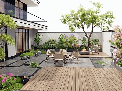 现代庭院 别墅庭院 植物景观 花草 水景 户外桌椅