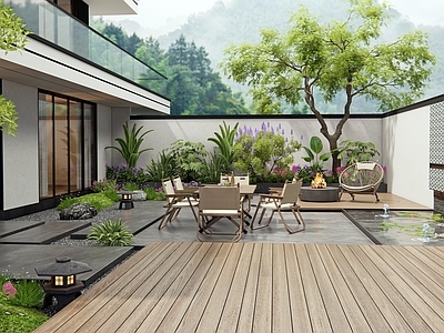 现代庭院 别墅庭院 花草 户外桌椅 植物景观 灌木