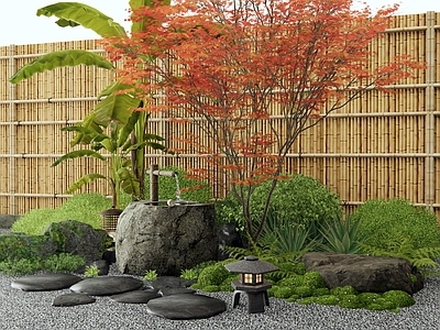 日式新中式假山水景 水景 水钵 植物造景 红枫 枯山水景观