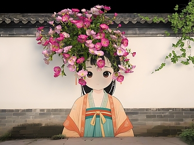 现代花艺 花朵围墙 花艺墙 卡通围墙 墙绘女孩 现代美陈墙面