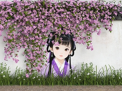 藤蔓 花朵围墙 藤蔓卡通围墙 花艺墙 墙绘女孩 美陈墙面