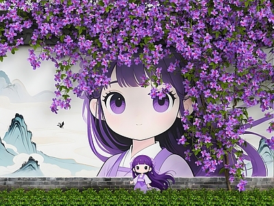 现代新中式花艺 花朵围墙 花艺墙 藤蔓卡通围墙 墙绘女孩 美陈墙面