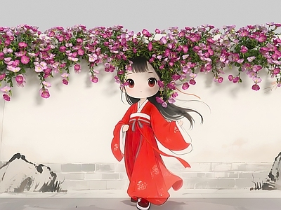 现代新中式花艺 花朵围墙 花艺墙 藤蔓卡通围墙 墙绘女孩 美陈墙面