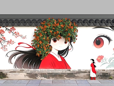 现代新中式花艺 墙绘花朵围墙 美陈墙面 墙绘女孩 藤蔓卡通围墙 花艺墙