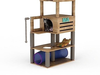 现代摆件组合 木质猫屋