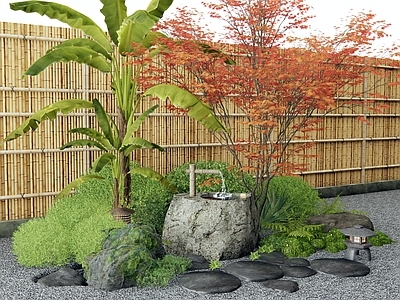 灌木 日式植物堆 枯山水 水钵 水景 植物造景