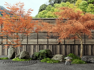 日式禅意庭院小品 枯山水 红枫 羽毛枫 景观石头 日式围墙