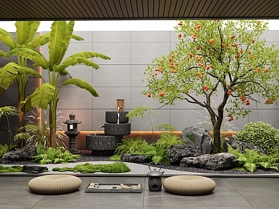 现代室内景观 天井室内景观 柿子树 橘子树 水钵 植物景观