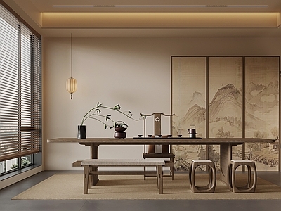 新中式茶室 茶桌椅 屏风