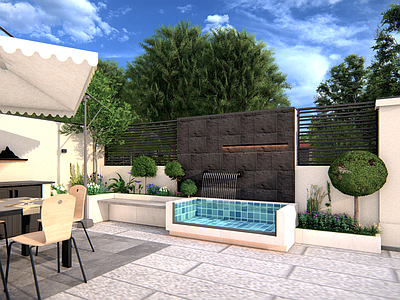 新中式现代别墅庭院 种植 流水小品