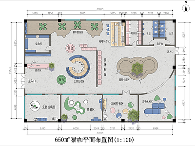 现代原木宠物店 猫咖馆平面布置图 含PSD彩平图 650㎡猫咖店 撸猫趣味店 网红猫咖店平面图 施工图