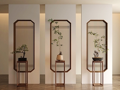 新中式隔断 新中式中古盆景 花格隔断