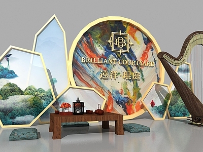 现代其他美陈 中式组景 竖琴 美陈 地产美陈