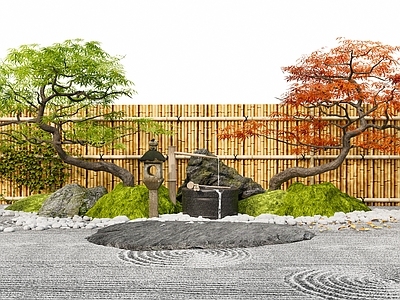 日式禅意庭院小品 日式庭院小品 枯山水禅意景观 红枫植物 石头水钵 庭院花园小品
