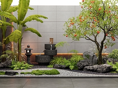 新中式庭院 室内植物造景 枯山水 水钵水景 柿子树 植物景观