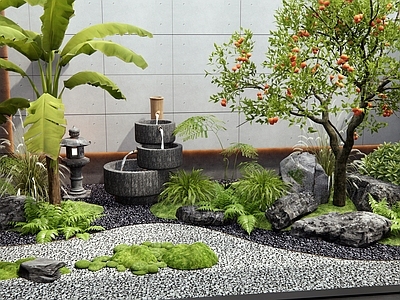 新中式室内景观 天井室内造景 植物景观 枯山水 景观石头 水钵水景