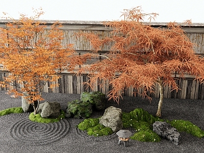 日式庭院小品 枯山水 景观石头 苔藓景观 红枫 日式围墙